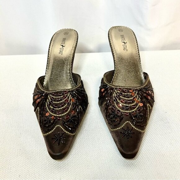 WHITE STAG Bohemian Retro Brown Mules with Bronze & Gold Beaded Embroidery - Picture 1 of 9